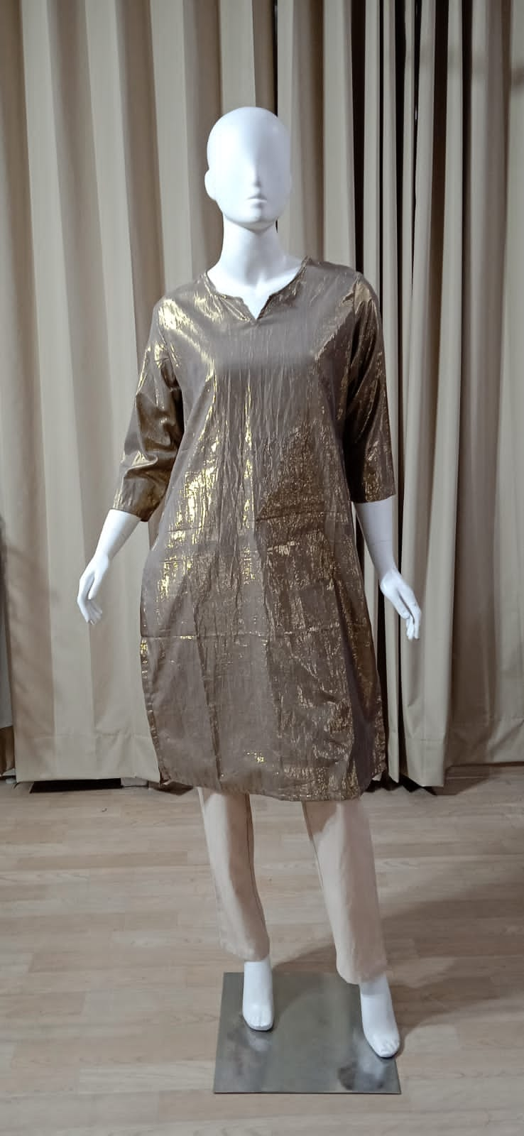 Straight Cotton Kurti -Lurix Golden colour - Round Neck with Mask