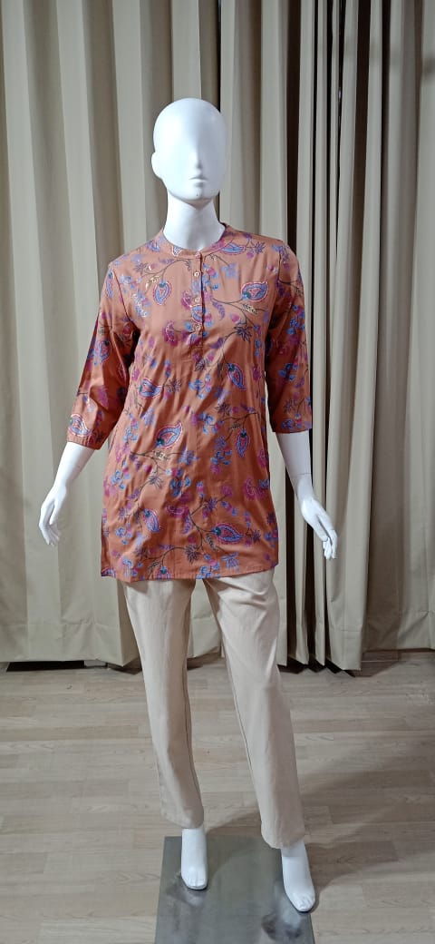 Short Kurti Cotton Fabric - Festival Foil Print - Chinese Collor