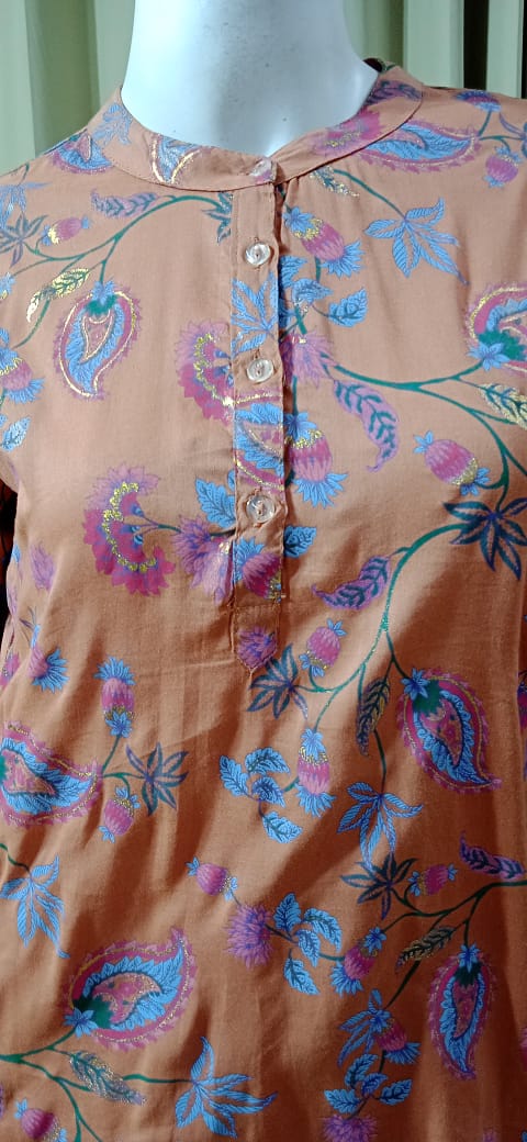 Short Kurti Cotton Fabric - Festival Foil Print - Chinese Collor