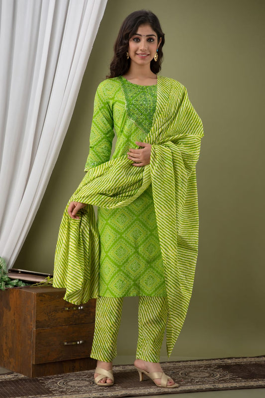 Kurti 3PC Set - Parrot Green Cotton Bhandej