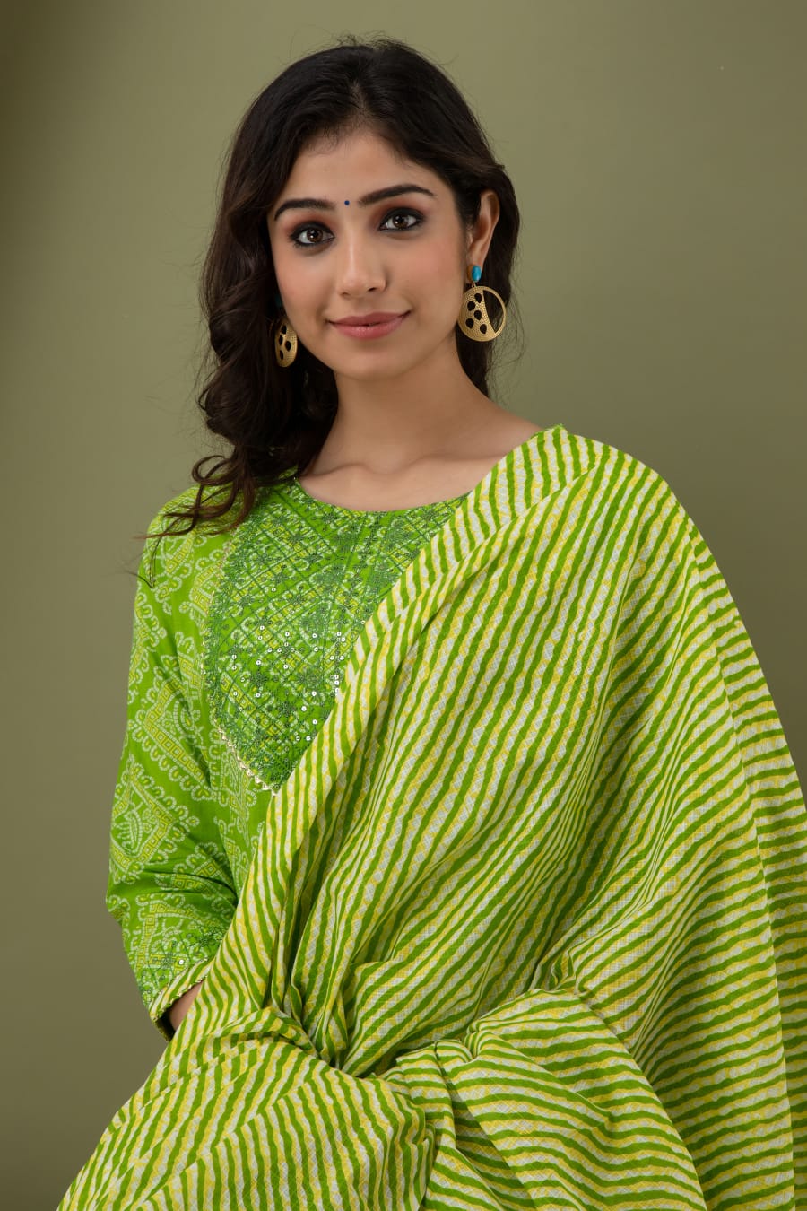 Kurti 3PC Set - Parrot Green Cotton Bhandej