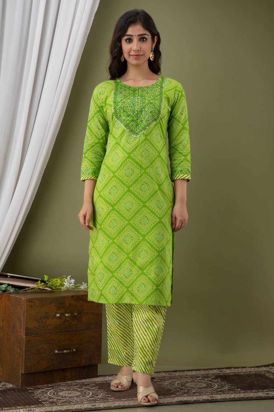 Kurti 3PC Set - Parrot Green Cotton Bhandej