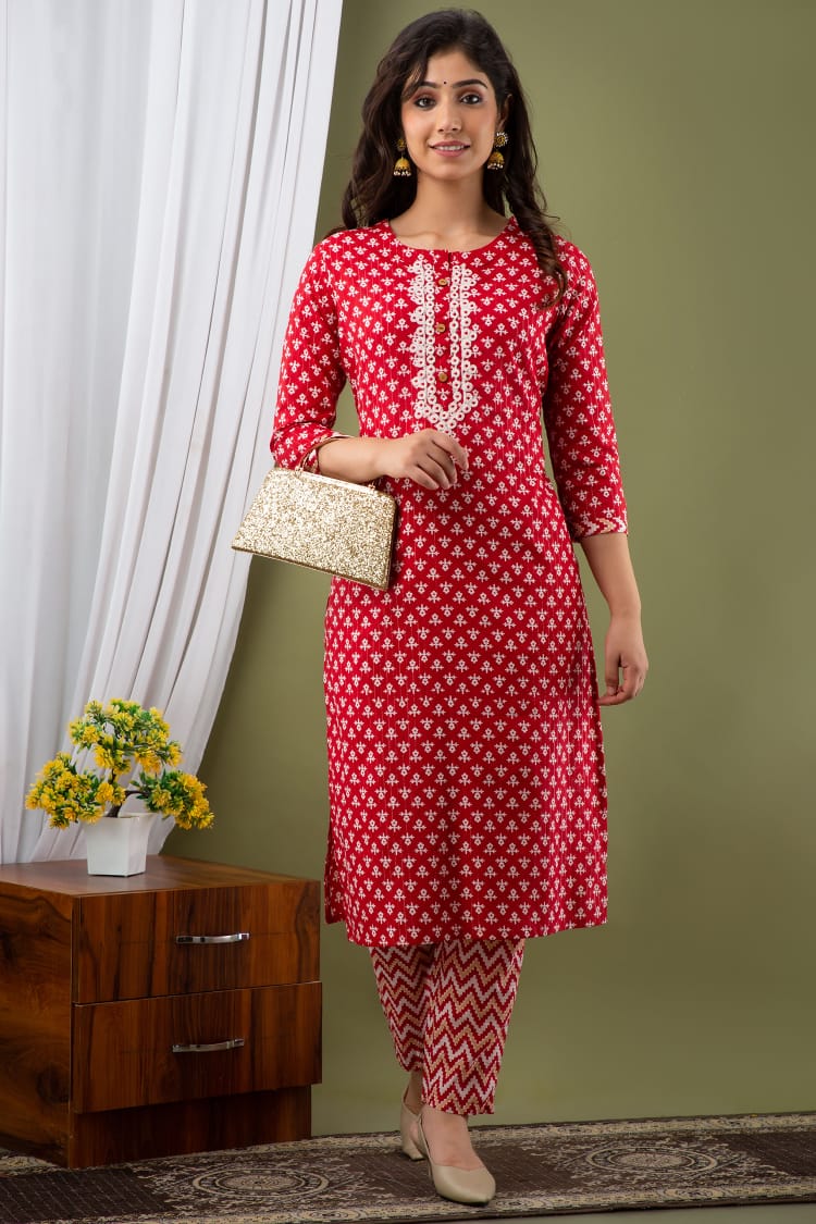 Kurti 2PC Set - Red Silver Luriex Cotton