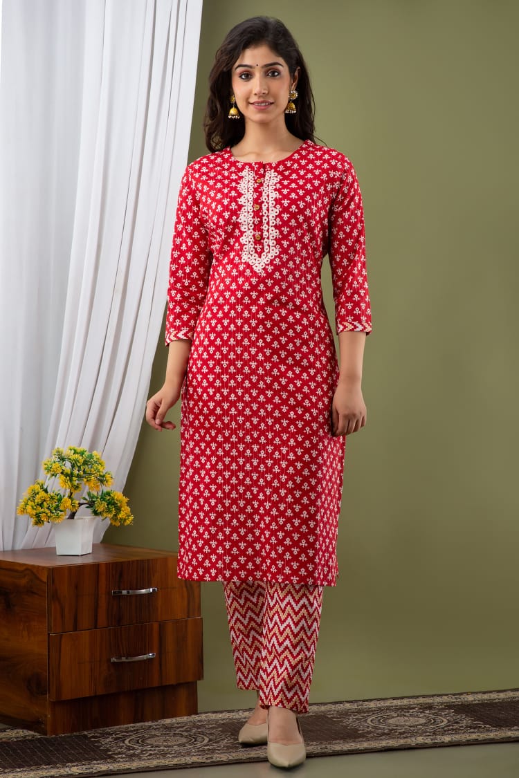 Kurti 2PC Set - Red Silver Luriex Cotton