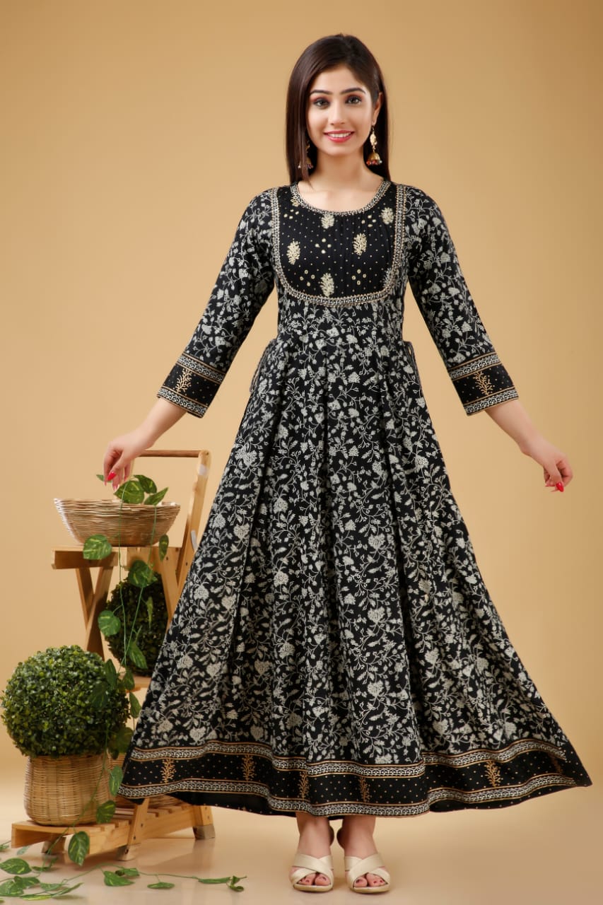 Kurti 2PC Anarkali Set - Black Ryon Fabric