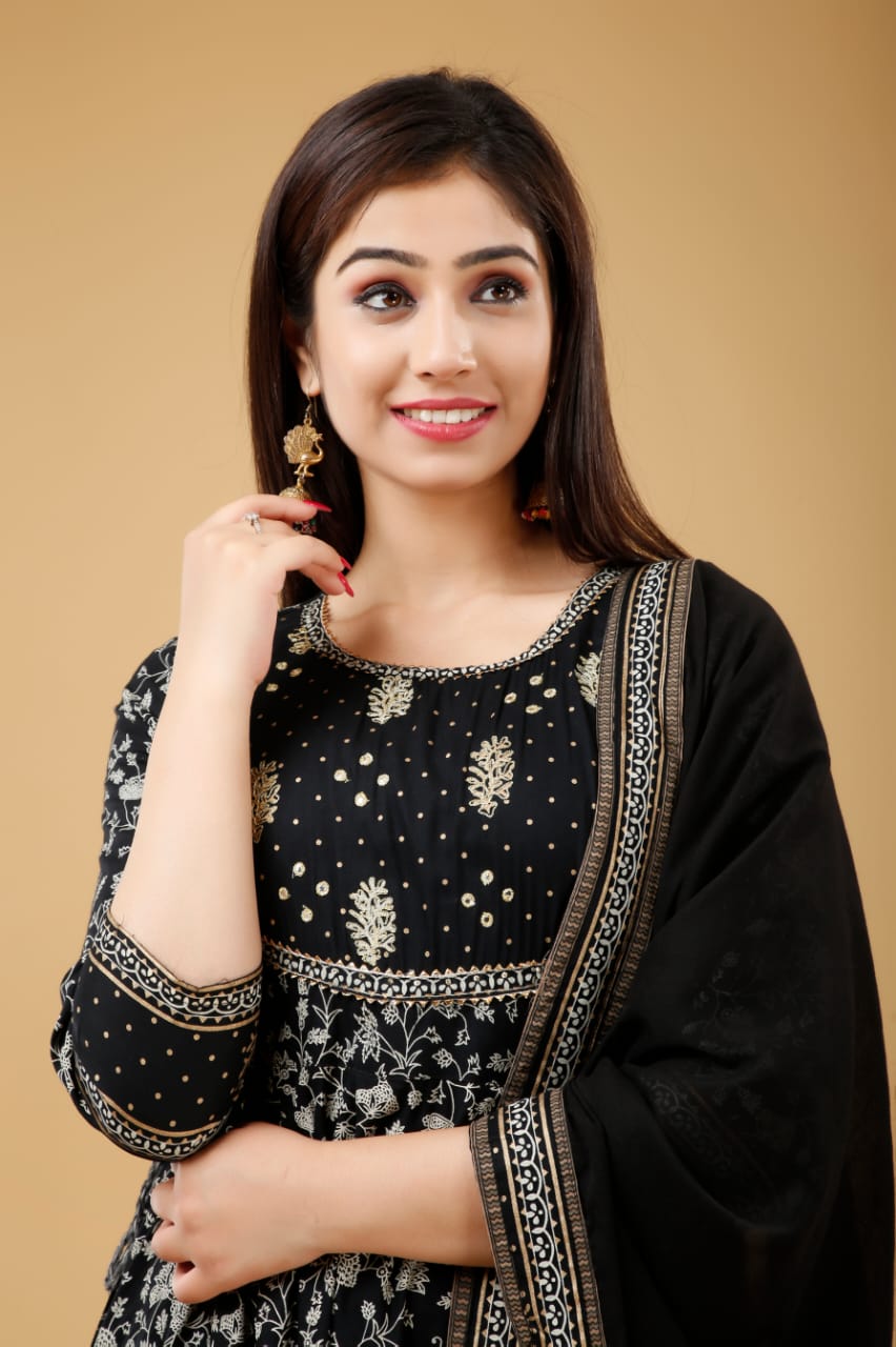 Kurti 2PC Anarkali Set - Black Ryon Fabric