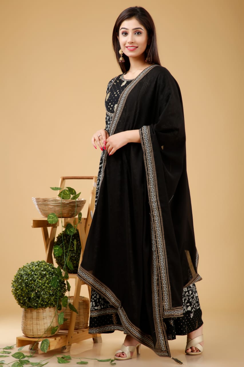 Kurti 2PC Anarkali Set - Black Ryon Fabric – Vastralaya - Colors of Life