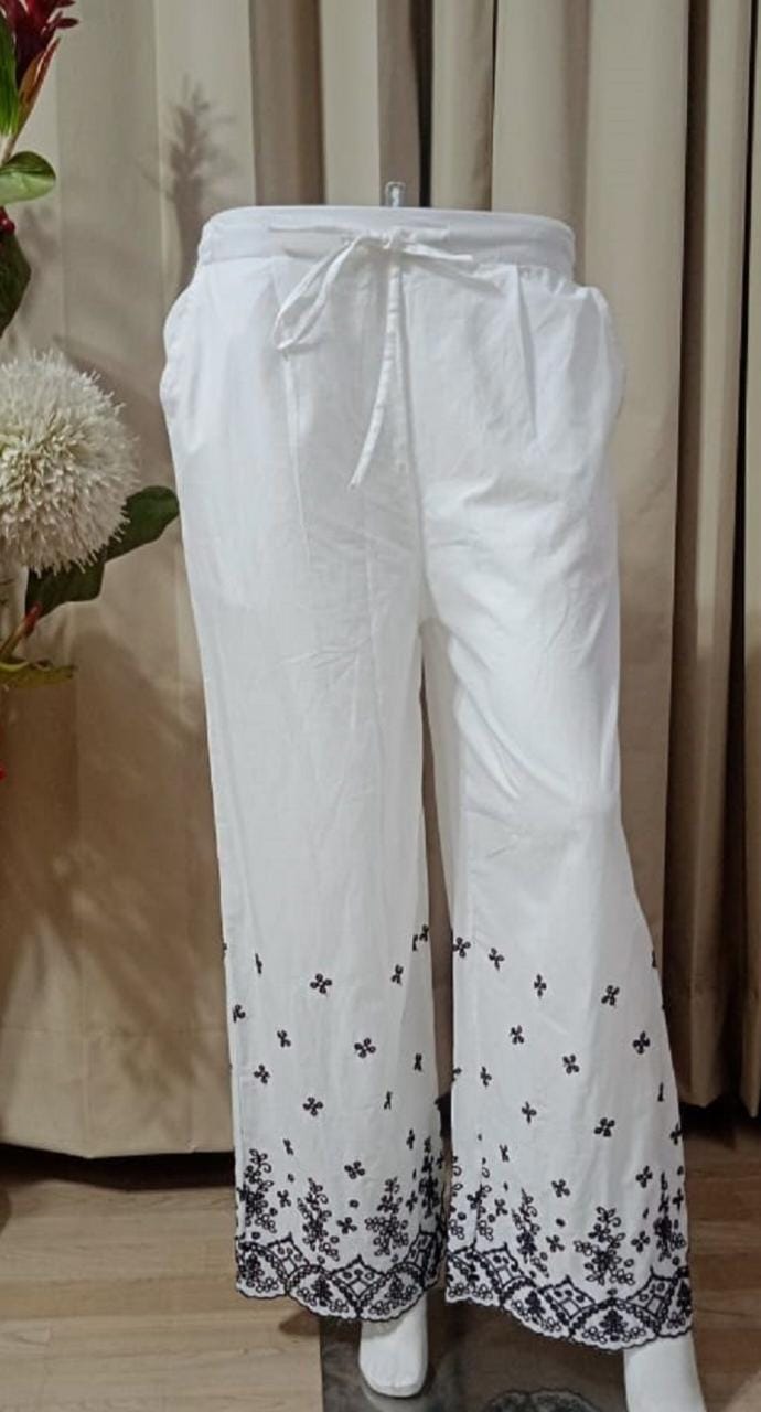 White Plazzo with Black Embroidery Cotton