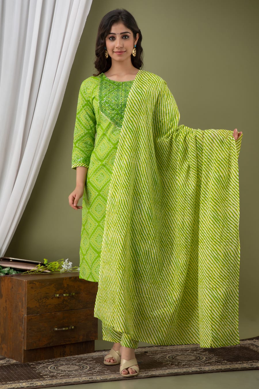 Kurti 3PC Set - Parrot Green Cotton Bhandej